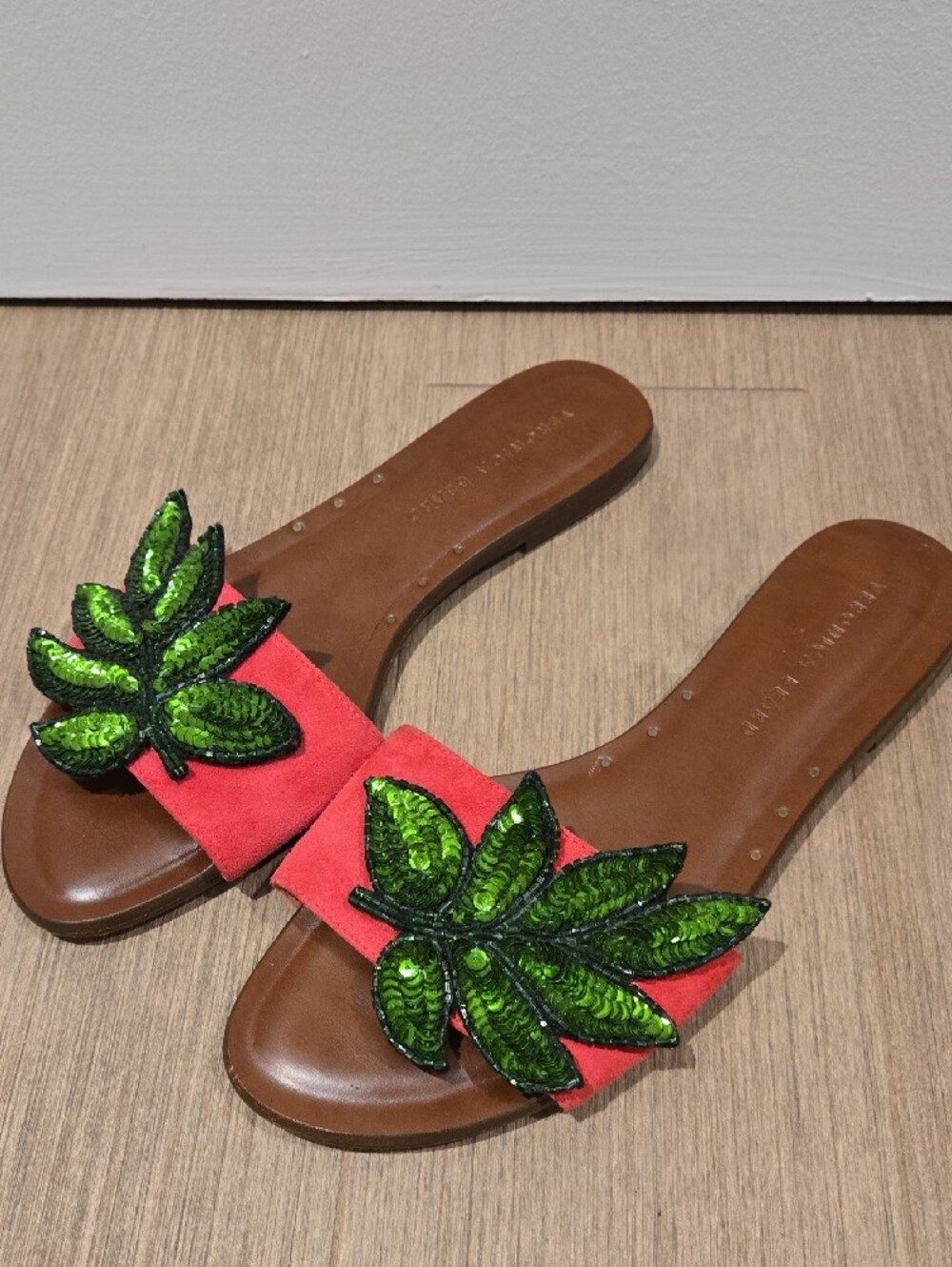 Veronica Beard Slide Sandals with Green Sequin Leaf Appliques